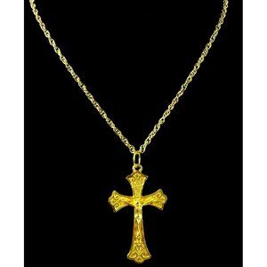 Golden Pewter Crucifix Long Statement Cross Necklace